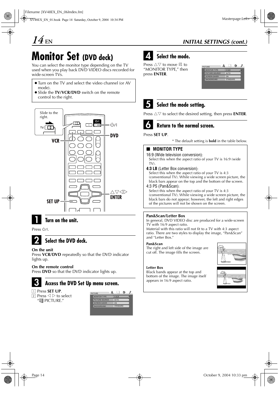 Monitor set, Dvd deck), Initial settings (cont.) | Turn on the unit, Select the dvd deck, Access the dvd set up menu screen, Select the mode, Select the mode setting, Return to the normal screen | JVC HR-XV48E User Manual | Page 14 / 72
