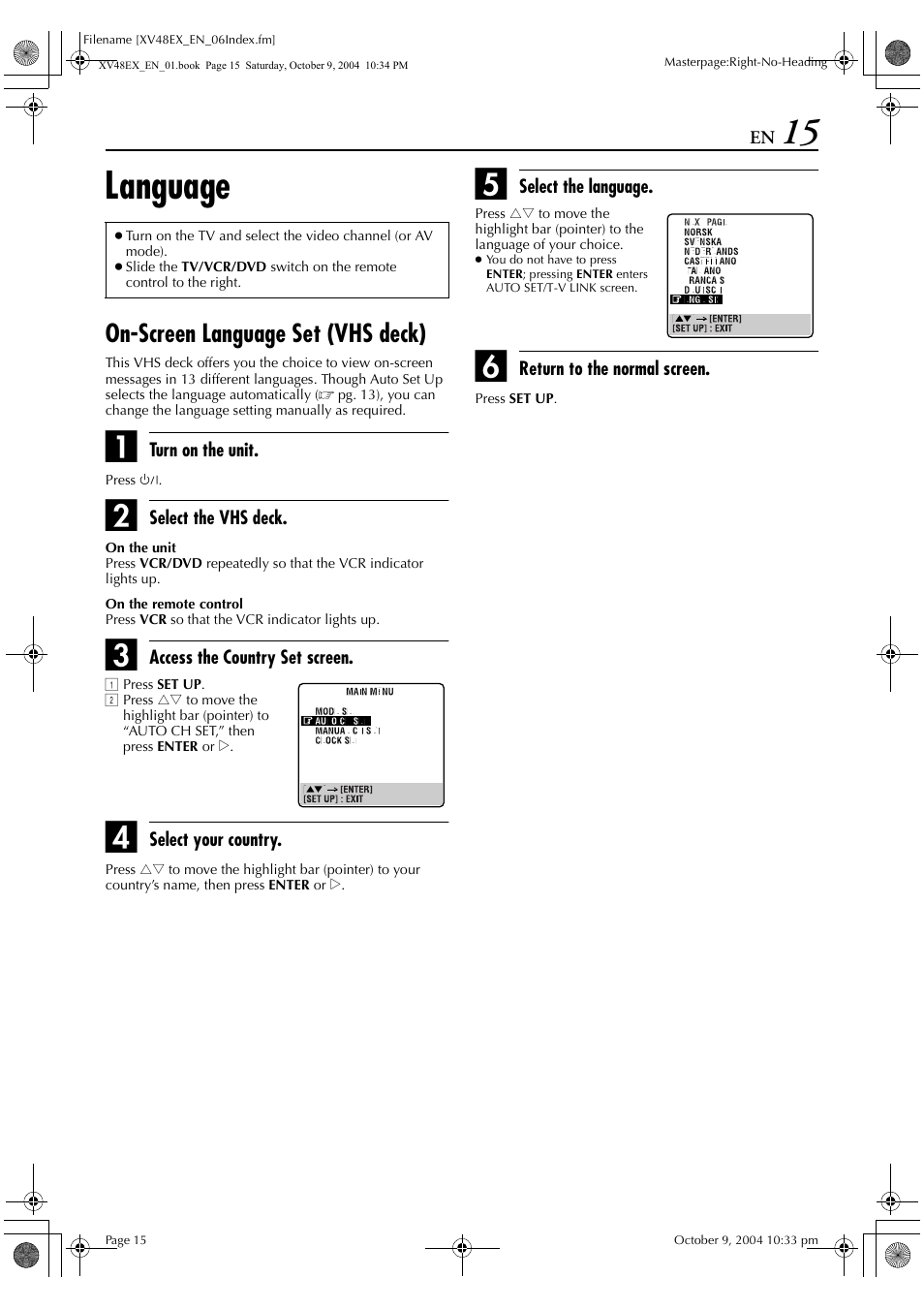 Language, On-screen language set (vhs deck) | JVC HR-XV48E User Manual | Page 15 / 72
