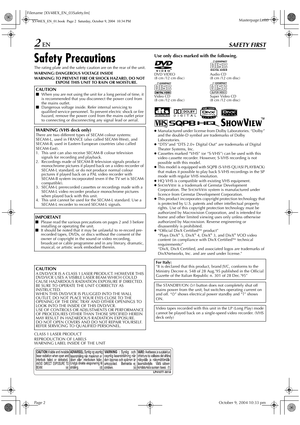 Safety precautions, Safety first | JVC HR-XV48E User Manual | Page 2 / 72