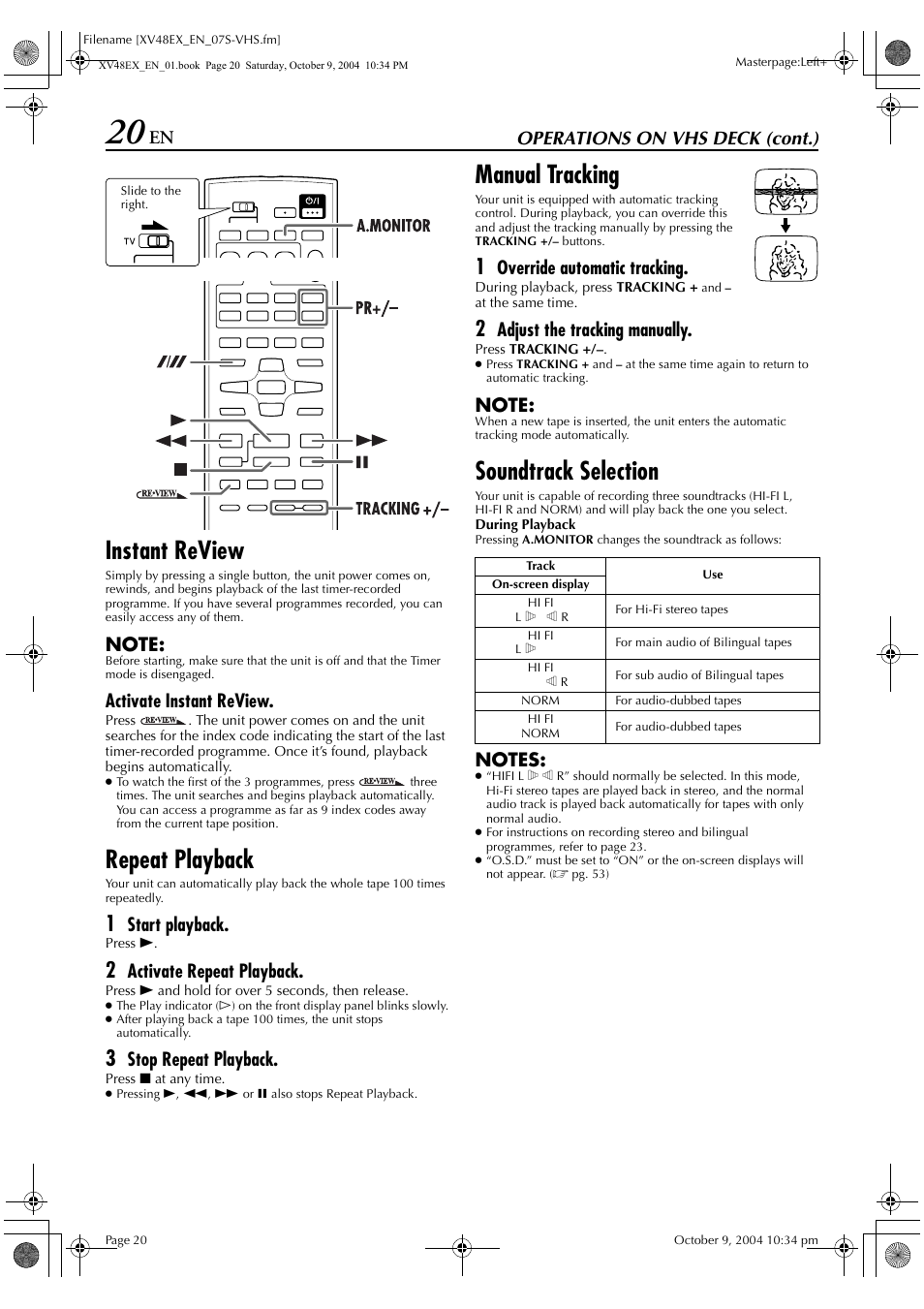 Instant review, Repeat playback, Manual tracking | Soundtrack selection, Operations on vhs deck (cont.), Activate instant review, Start playback, Activate repeat playback, Stop repeat playback, Override automatic tracking | JVC HR-XV48E User Manual | Page 20 / 72