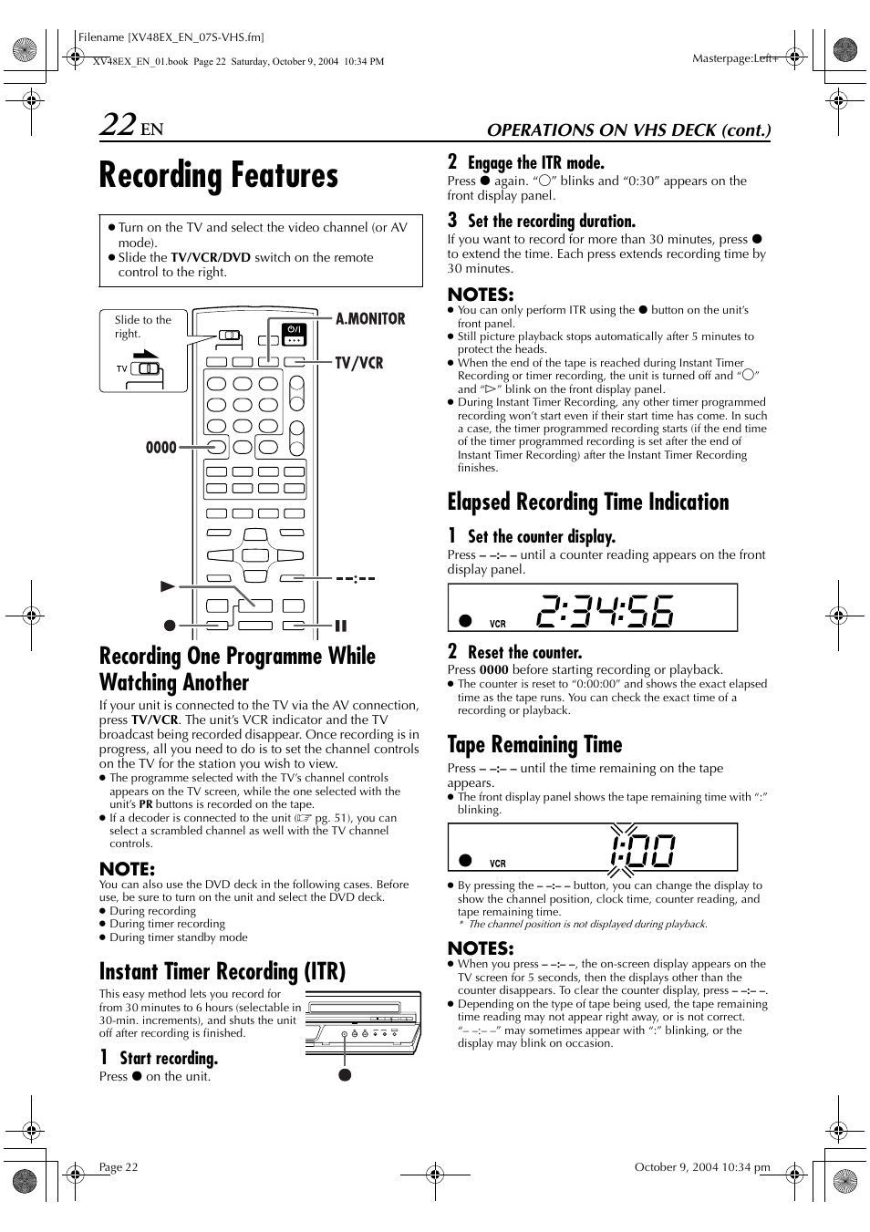 Recording features, Recording one programme while watching another, Instant timer recording (itr) | Elapsed recording time indication, Tape remaining time | JVC HR-XV48E User Manual | Page 22 / 72