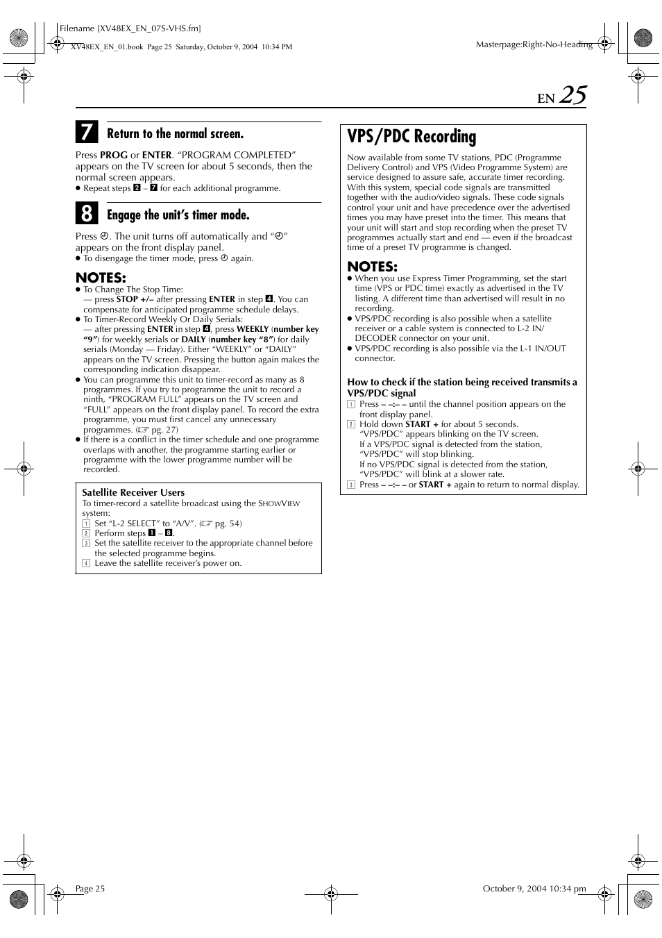 Vps/pdc recording, Return to the normal screen, Engage the unit’s timer mode | JVC HR-XV48E User Manual | Page 25 / 72