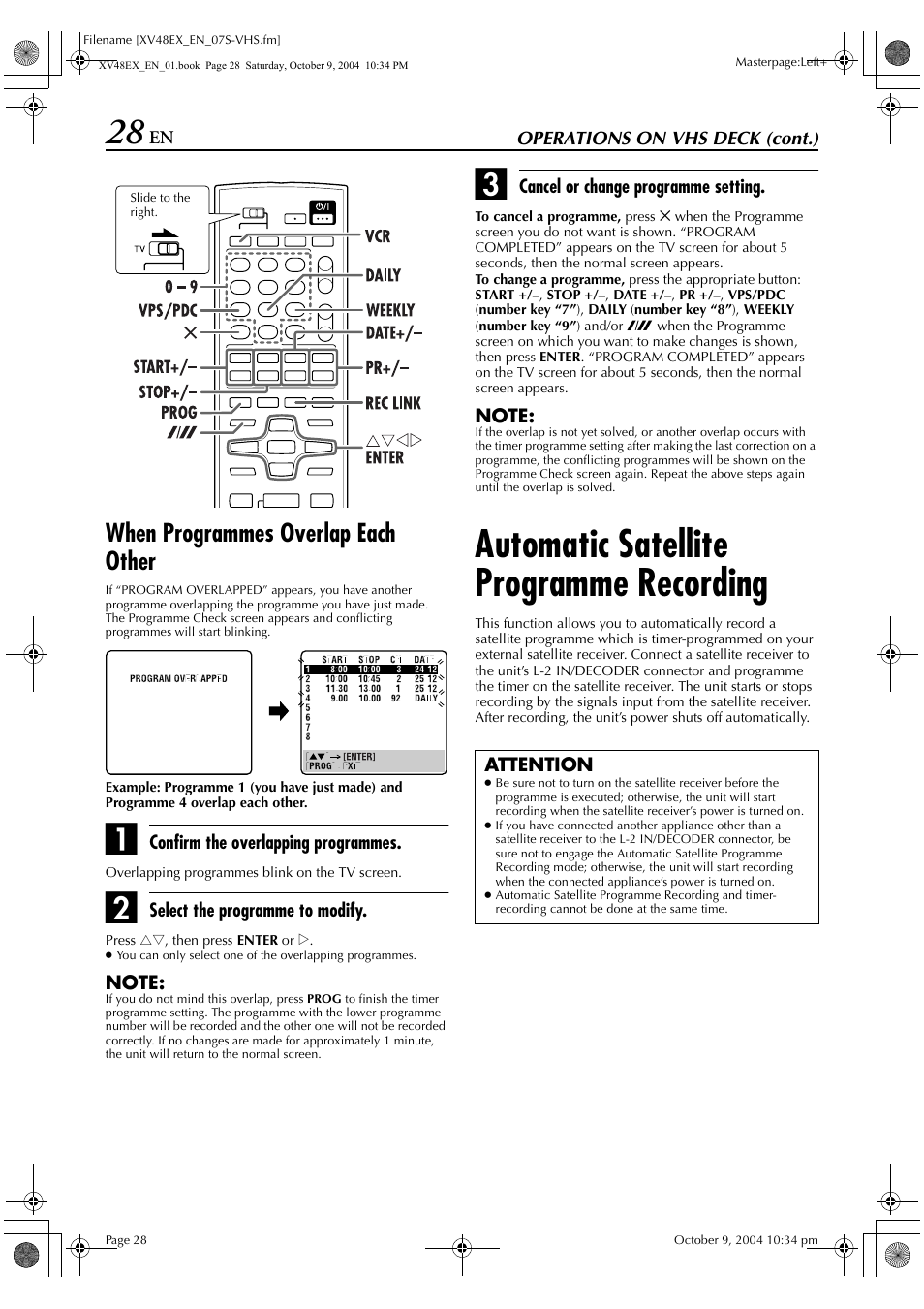 Automatic satellite programme recording, When programmes overlap each other | JVC HR-XV48E User Manual | Page 28 / 72