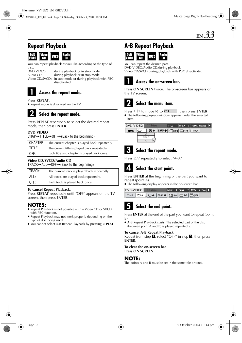 Repeat playback, A-b repeat playback | JVC HR-XV48E User Manual | Page 33 / 72