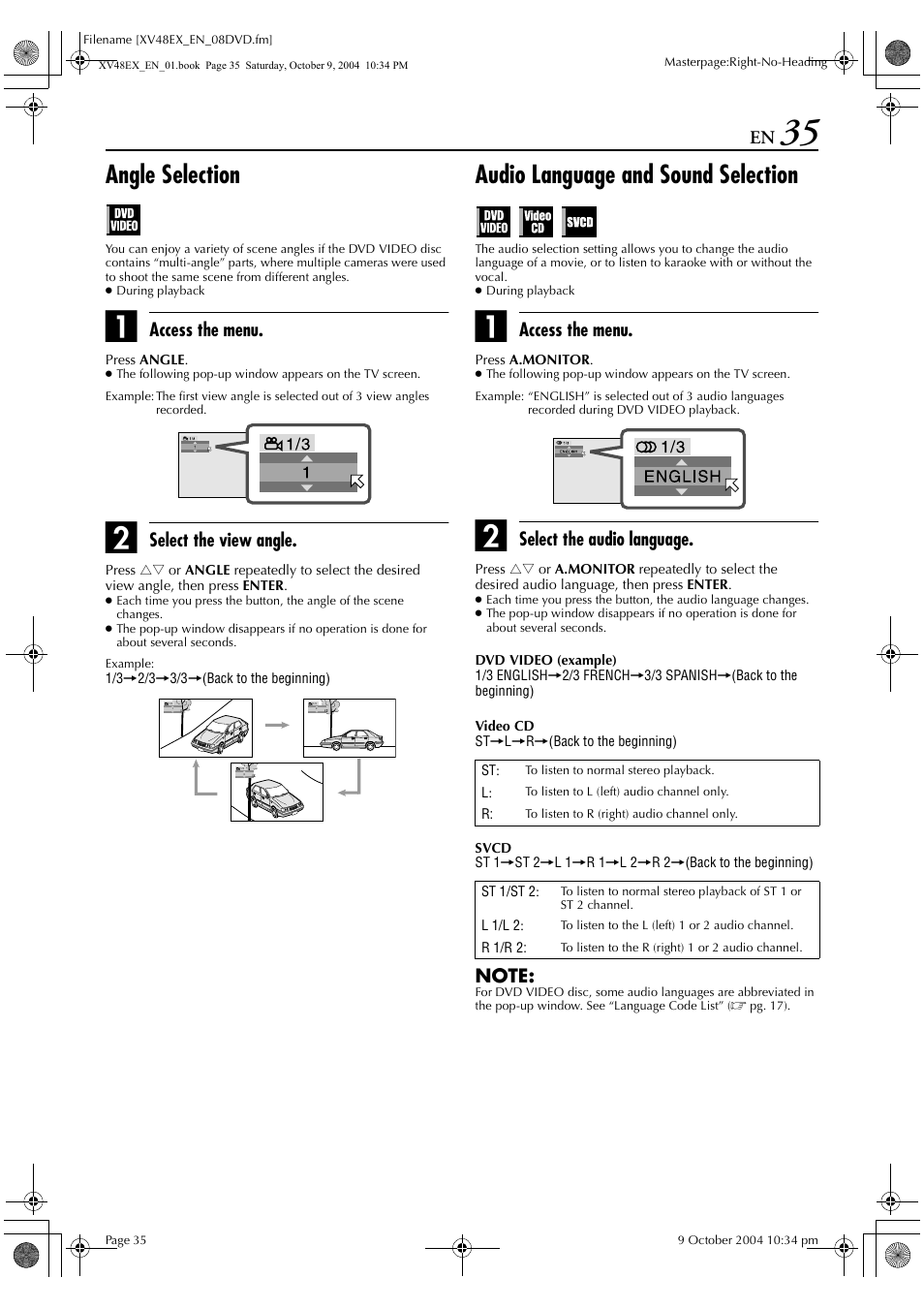 Angle selection, Audio language and sound selection, Access the menu | Select the view angle, Select the audio language | JVC HR-XV48E User Manual | Page 35 / 72
