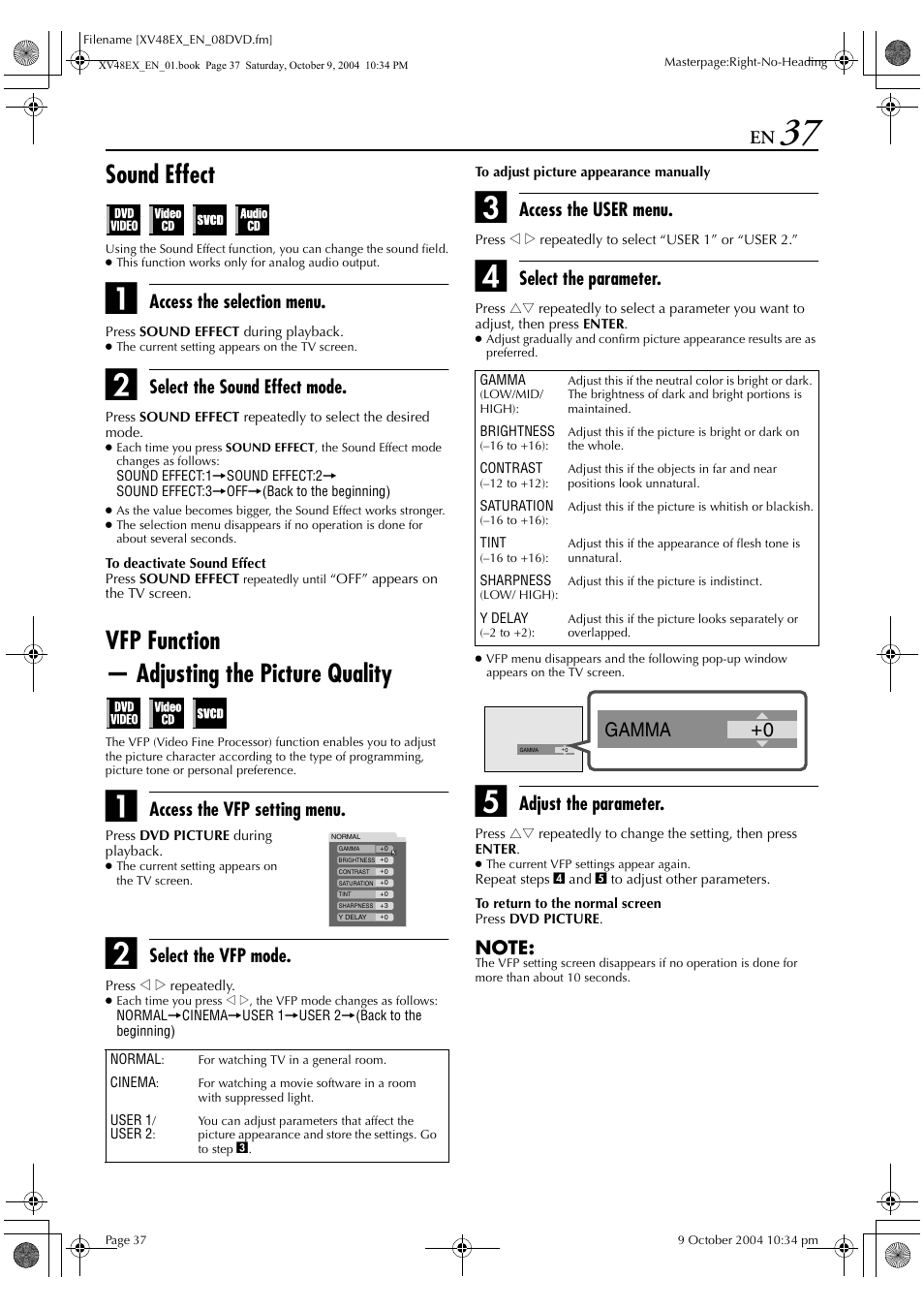 Sound effect, Vfp function — adjusting the picture quality, 0 gamma | Access the selection menu, Select the sound effect mode, Access the vfp setting menu, Select the vfp mode, Access the user menu, Select the parameter, Adjust the parameter | JVC HR-XV48E User Manual | Page 37 / 72