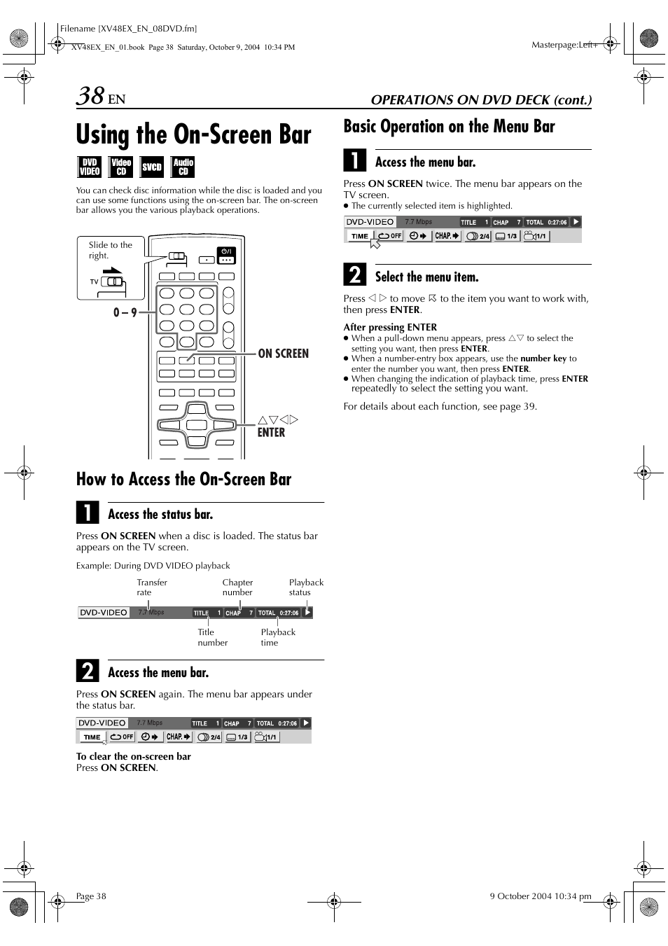 Using the on-screen bar, How to access the on-screen bar, Basic operation on the menu bar | JVC HR-XV48E User Manual | Page 38 / 72
