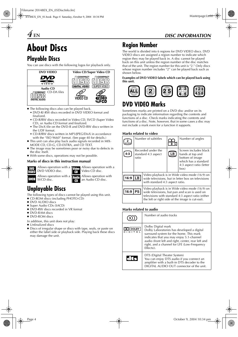 About discs, Playable discs, Unplayable discs | Region number, Dvd video marks, Disc information | JVC HR-XV48E User Manual | Page 4 / 72