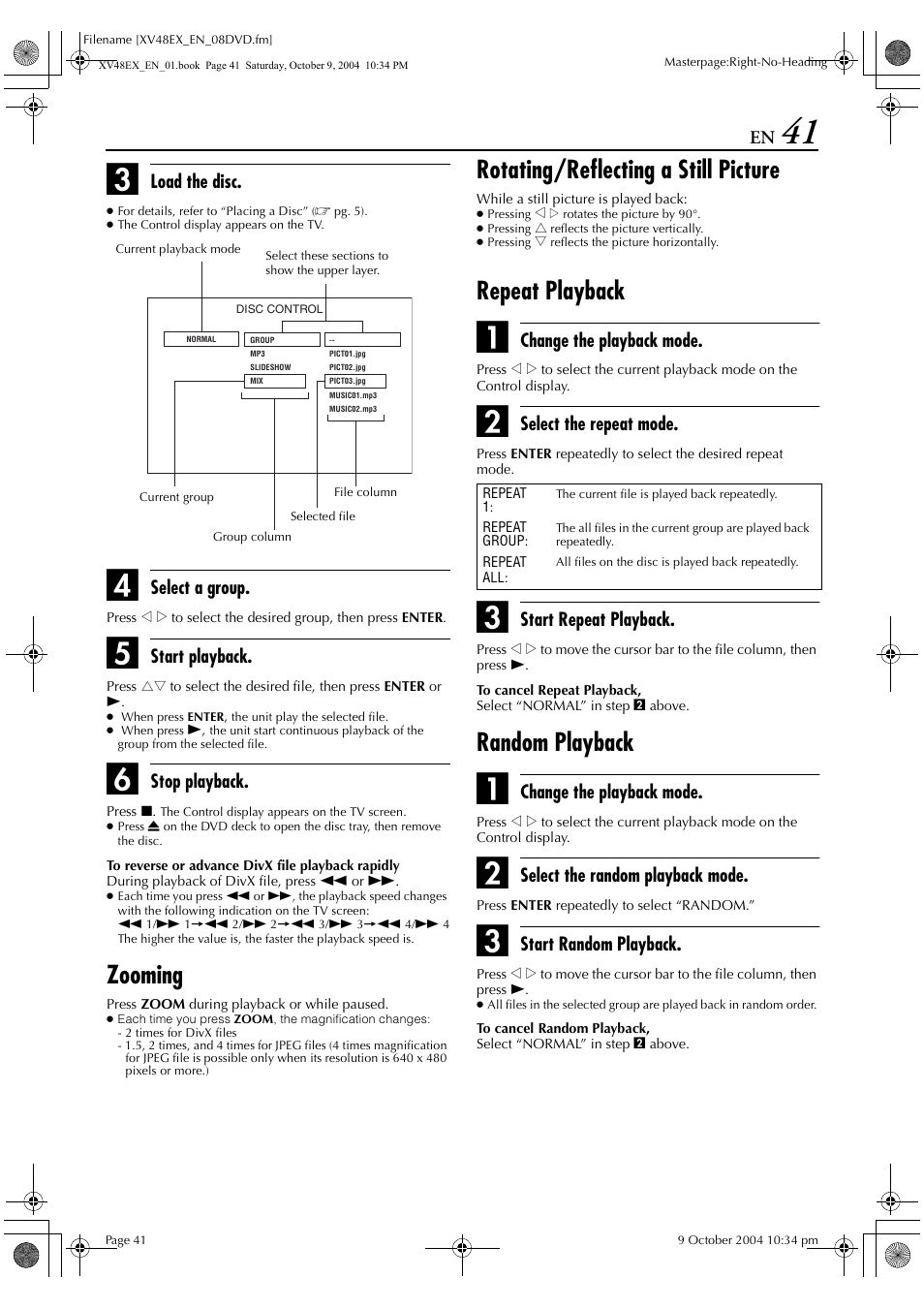 Zooming, Rotating/reflecting a still picture, Repeat playback | Random playback | JVC HR-XV48E User Manual | Page 41 / 72