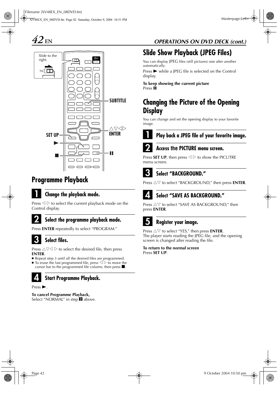 Programme playback, Slide show playback (jpeg files), Changing the picture of the opening display | JVC HR-XV48E User Manual | Page 42 / 72