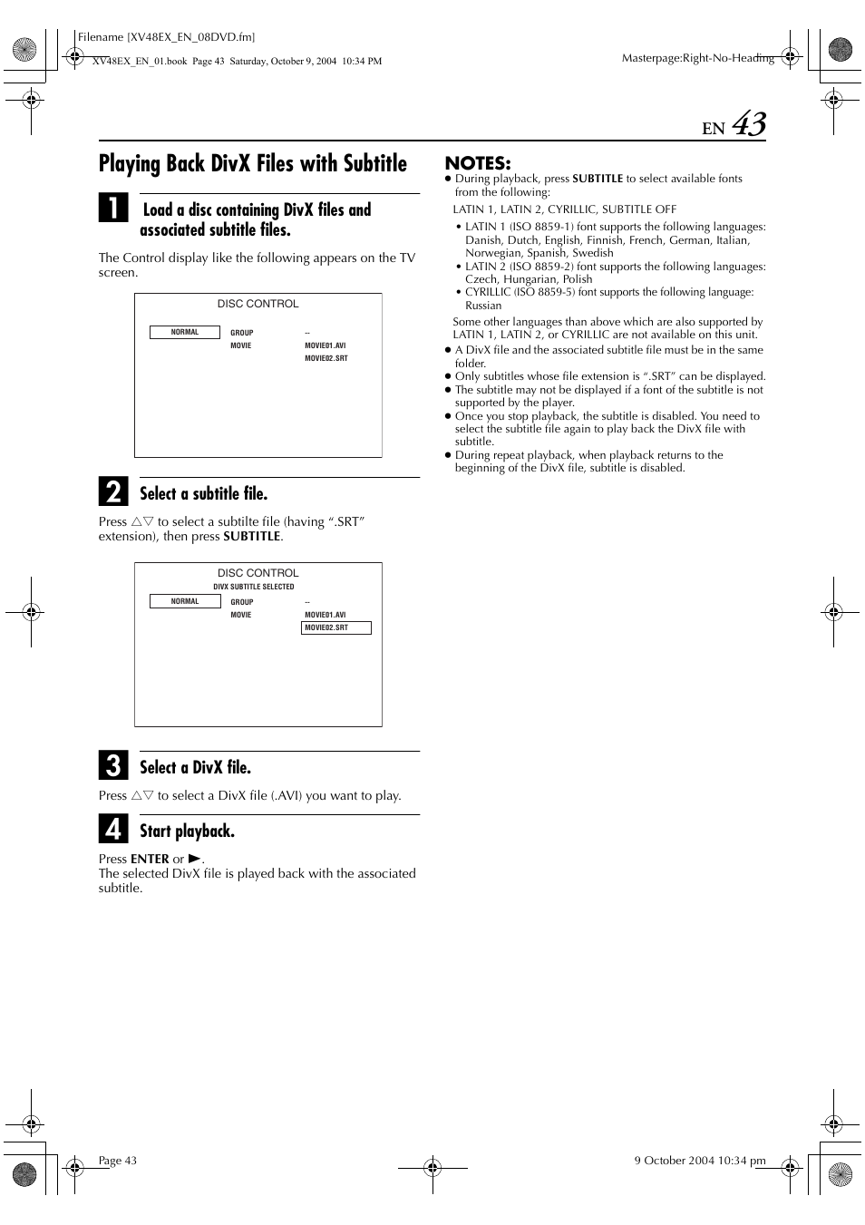 Playing back divx files with subtitle, Select a subtitle file, Select a divx file | Start playback | JVC HR-XV48E User Manual | Page 43 / 72