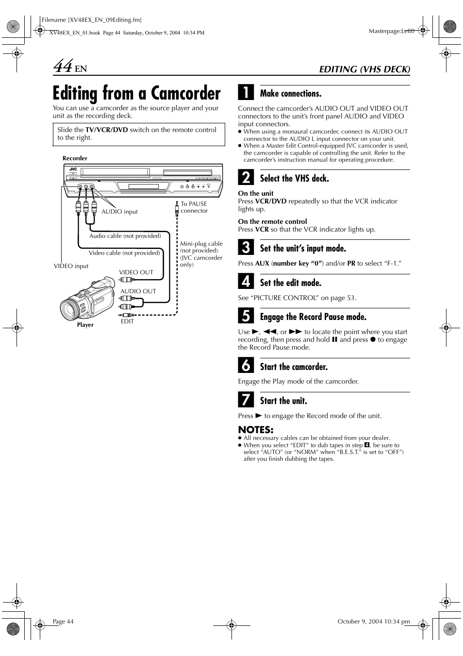 Editing from a camcorder | JVC HR-XV48E User Manual | Page 44 / 72