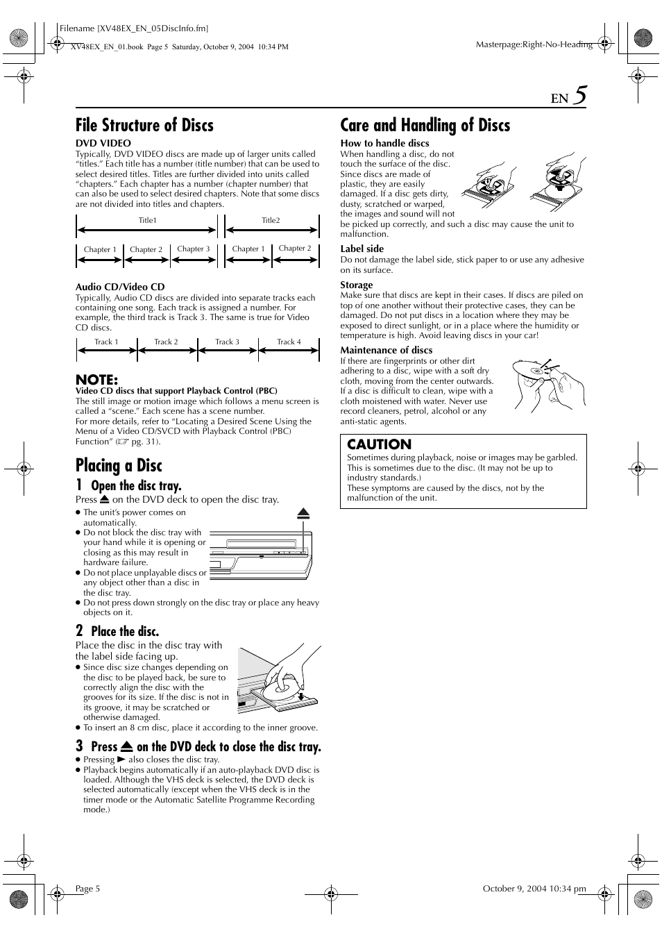 File structure of discs, Placing a disc, Care and handling of discs | Open the disc tray, Place the disc, Press x on the dvd deck to close the disc tray, Caution | JVC HR-XV48E User Manual | Page 5 / 72