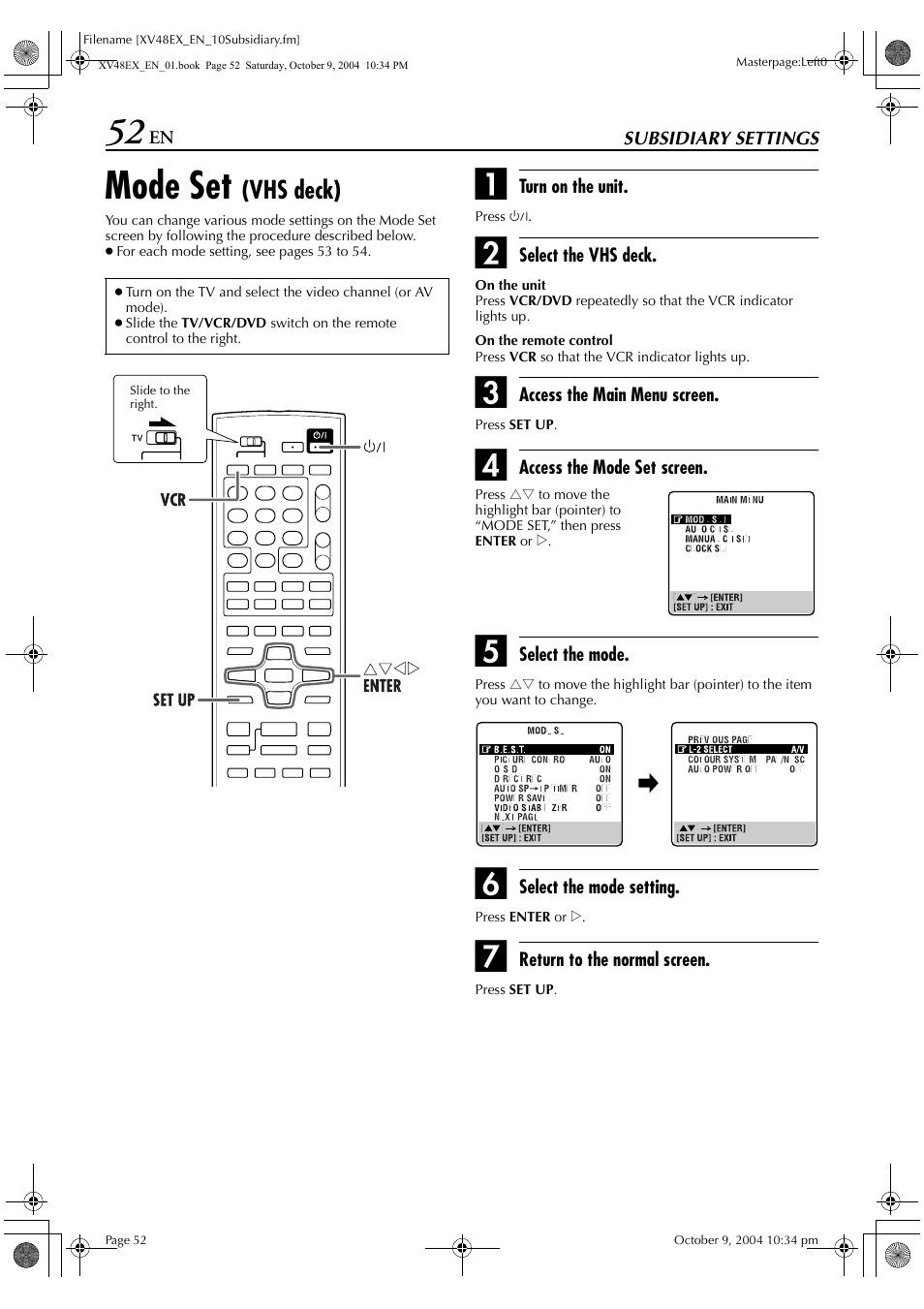 Mode set, Vhs deck) | JVC HR-XV48E User Manual | Page 52 / 72