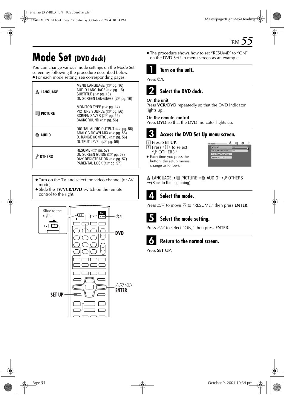 Mode set, Dvd deck), Turn on the unit | Select the dvd deck, Access the dvd set up menu screen, Select the mode, Select the mode setting, Return to the normal screen | JVC HR-XV48E User Manual | Page 55 / 72