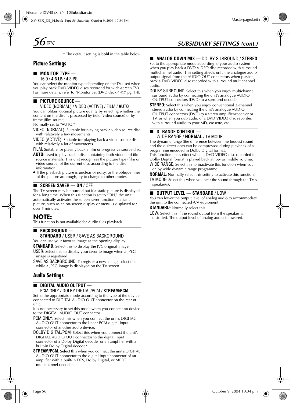 Subsidiary settings (cont.), Picture settings, Audio settings | JVC HR-XV48E User Manual | Page 56 / 72
