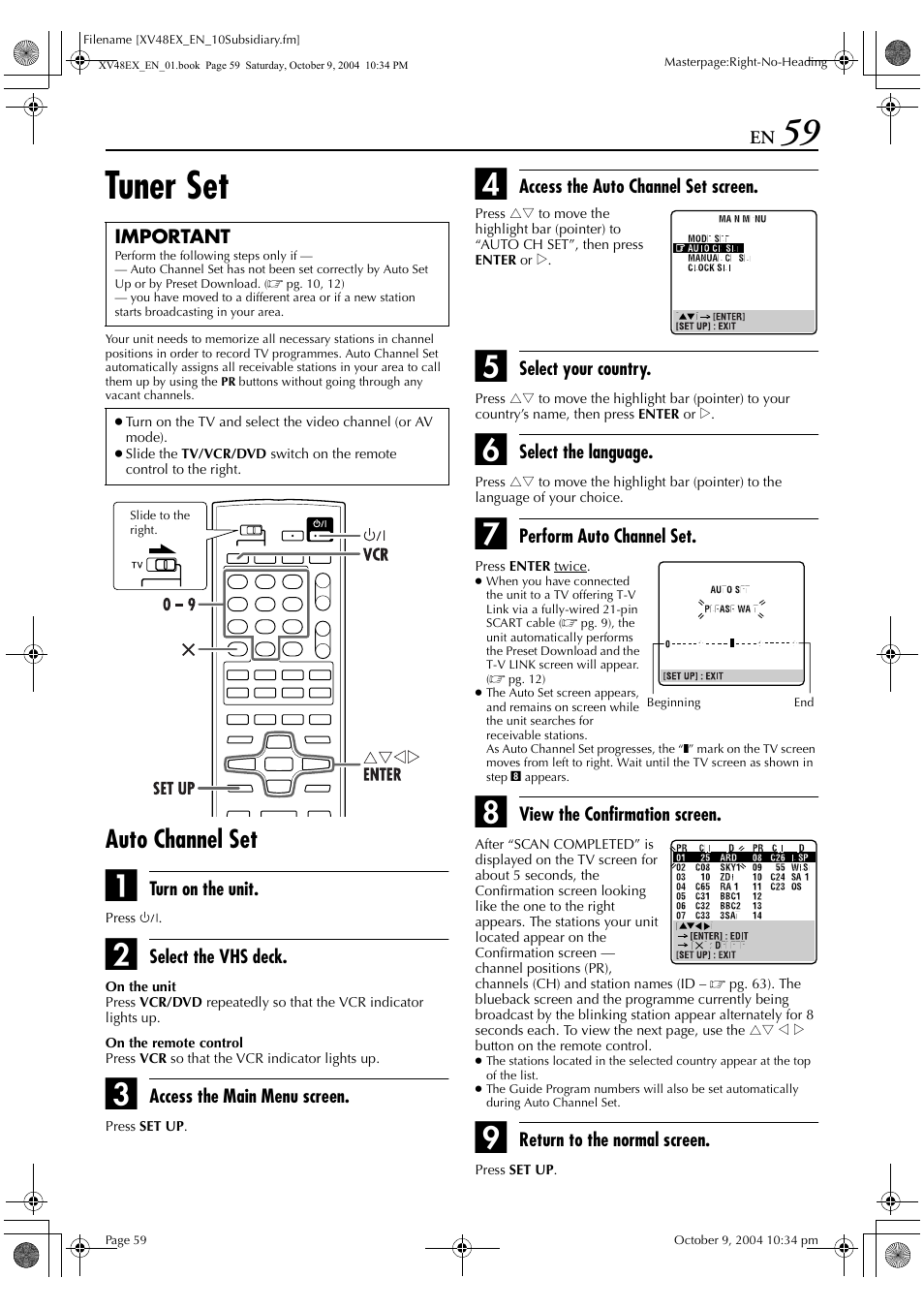 Tuner set, Auto channel set | JVC HR-XV48E User Manual | Page 59 / 72