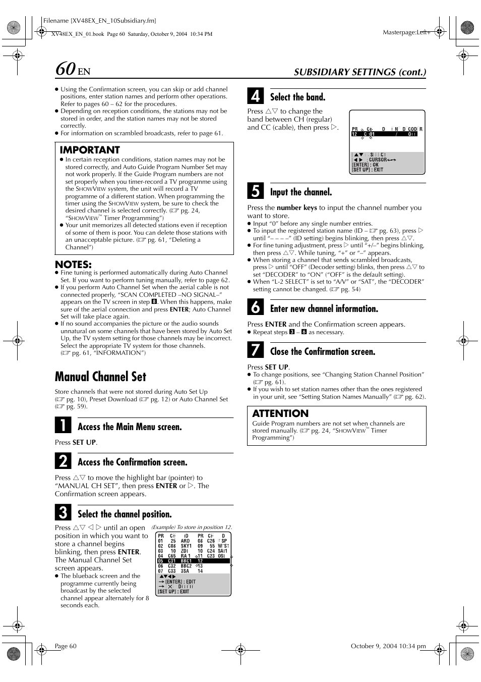 Manual channel set, Subsidiary settings (cont.), Access the main menu screen | Access the confirmation screen, Select the channel position, Select the band, Input the channel, Enter new channel information, Close the confirmation screen, Important | JVC HR-XV48E User Manual | Page 60 / 72