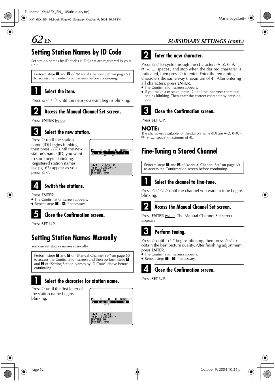 Setting station names by id code, Setting station names manually, Fine-tuning a stored channel | JVC HR-XV48E User Manual | Page 62 / 72