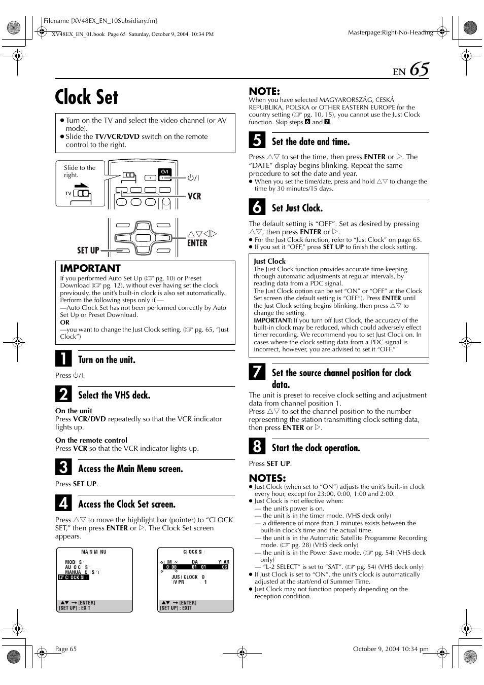 Clock set | JVC HR-XV48E User Manual | Page 65 / 72