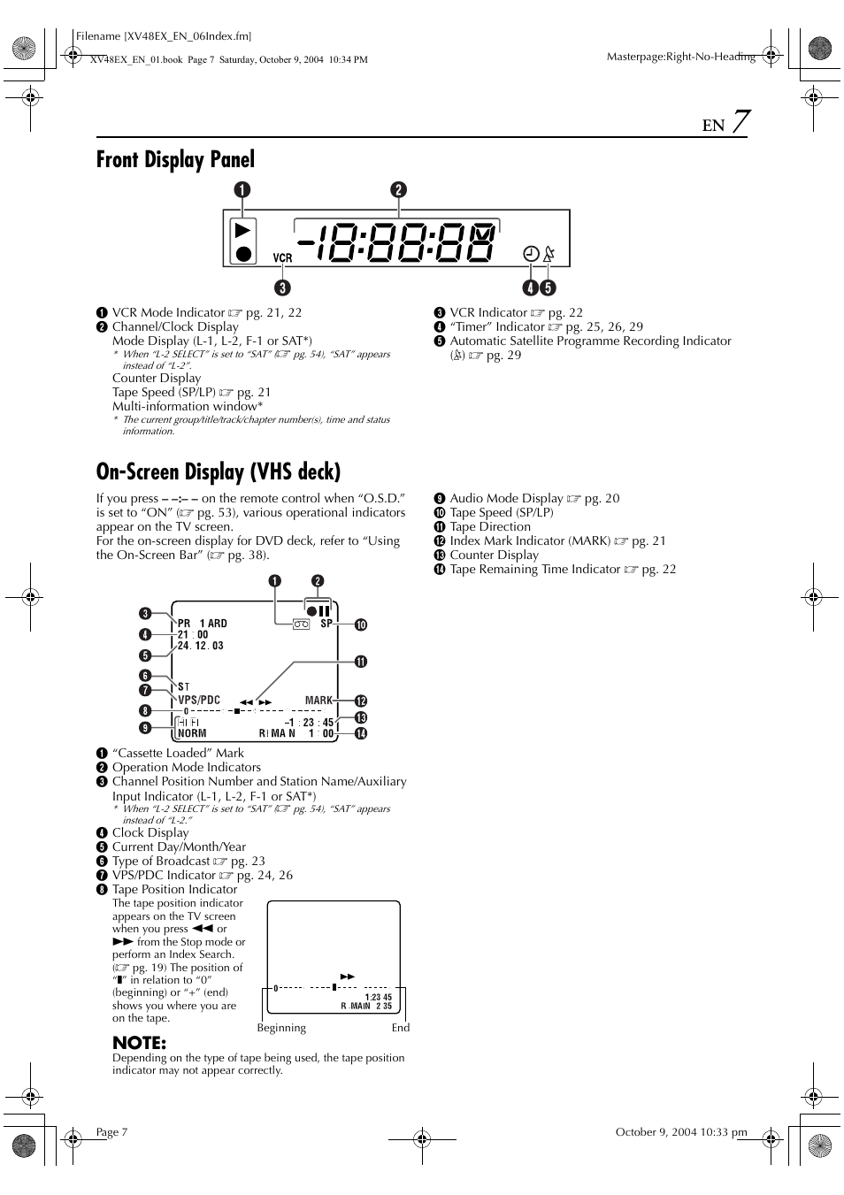 Front display panel, On-screen display (vhs deck), Cde a b | JVC HR-XV48E User Manual | Page 7 / 72