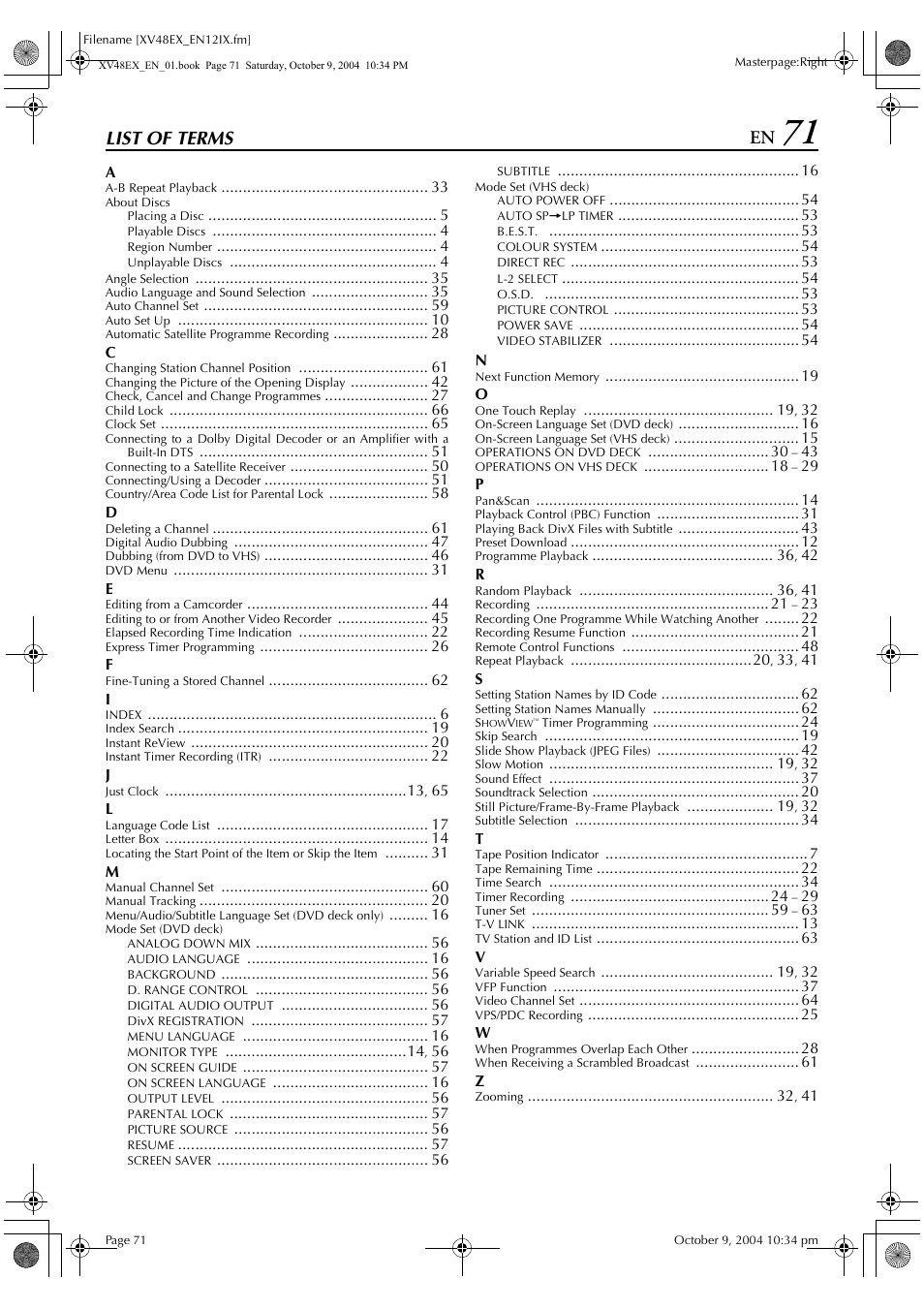 List of terms | JVC HR-XV48E User Manual | Page 71 / 72