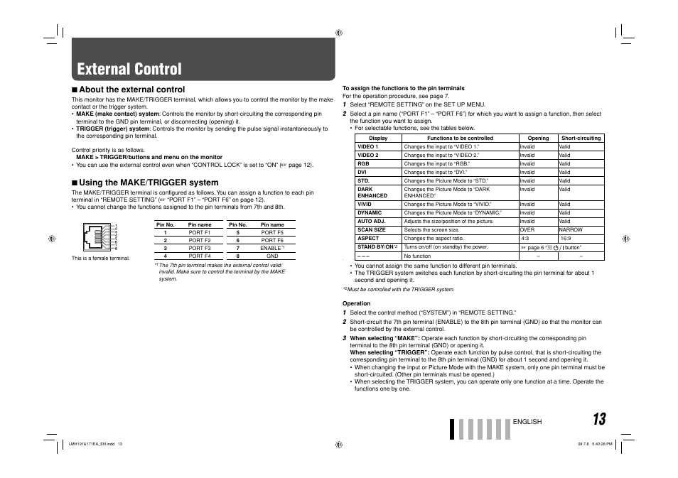 External control, About the external control, Using the make/trigger system | 7 about the external control, 7 using the make/trigger system | JVC LM-H171 User Manual | Page 14 / 18
