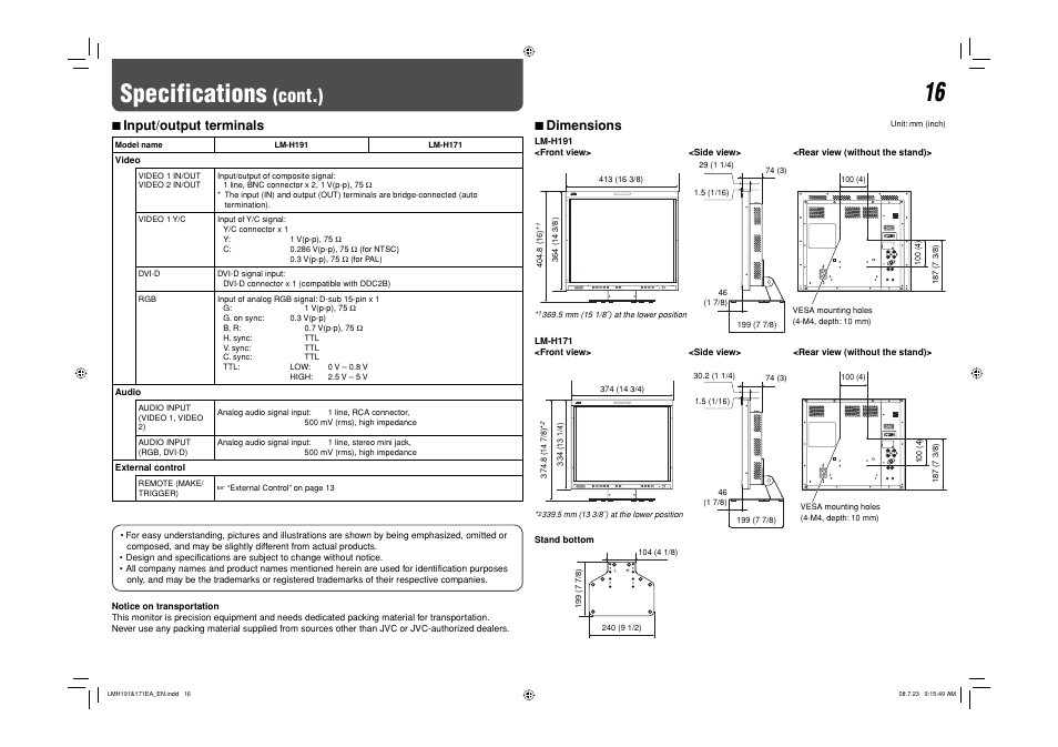 Input/output terminals, Dimensions, Specifications | Cont.), 7 input/output terminals, 7 dimensions | JVC LM-H171 User Manual | Page 17 / 18
