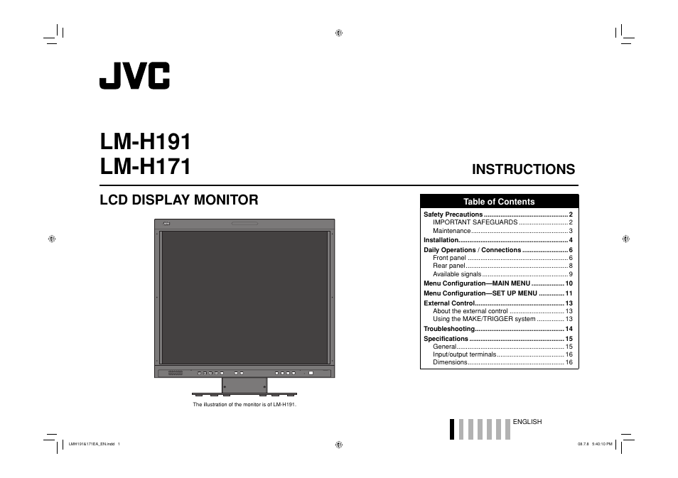 Instructions lcd display monitor | JVC LM-H171 User Manual | Page 2 / 18