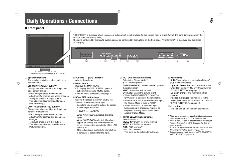 Daily operations / connections, Front panel, 7 front panel | JVC LM-H171 User Manual | Page 7 / 18