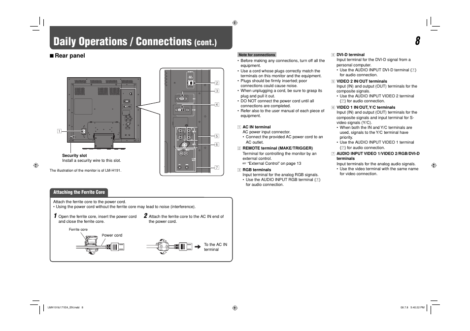 Rear panel, Daily operations / connections, Cont.) | 7 rear panel | JVC LM-H171 User Manual | Page 9 / 18