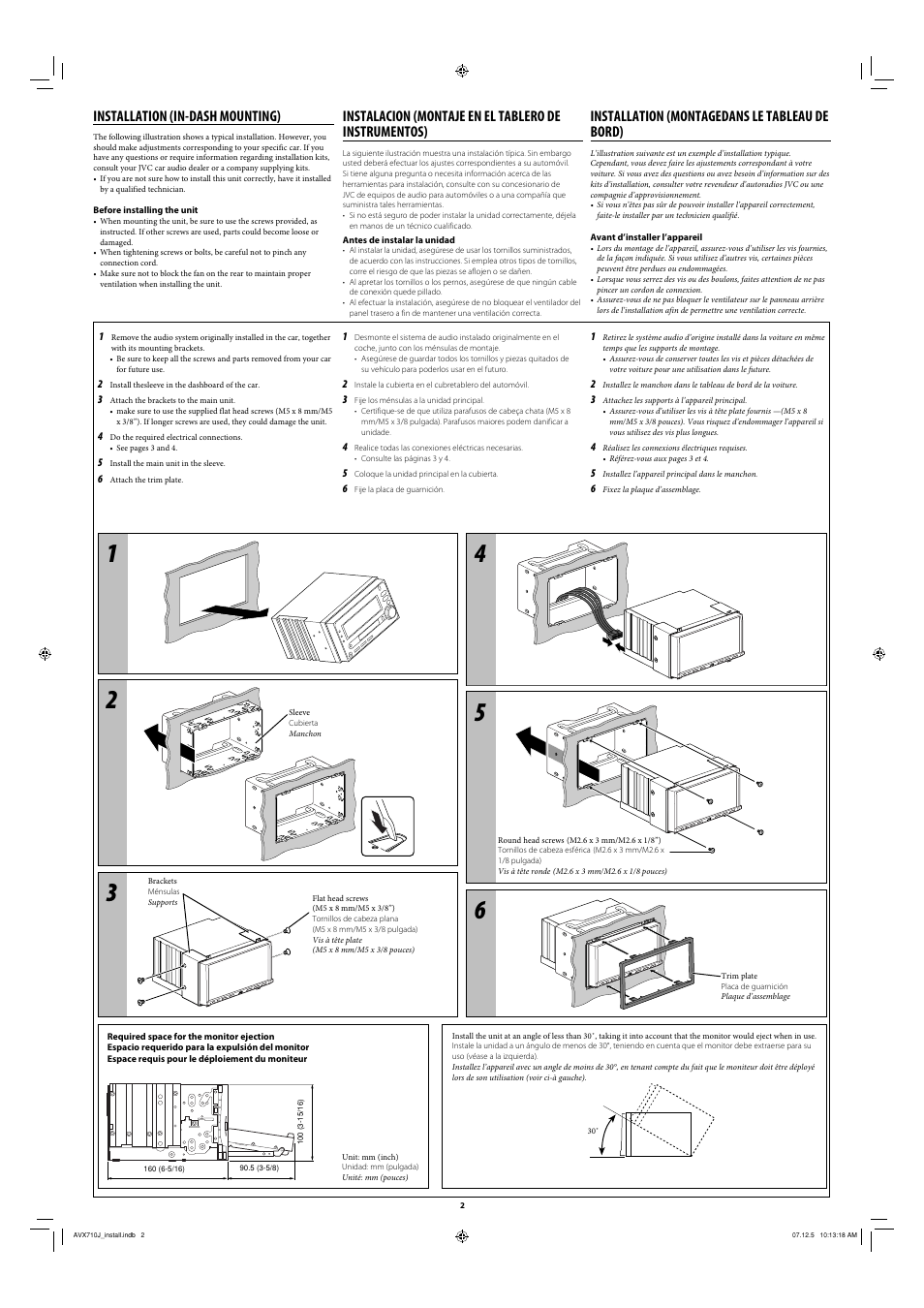 Installation (in-dash mounting), Installation (montagedans le tableau de bord) | JVC KW-ADV790 User Manual | Page 2 / 6