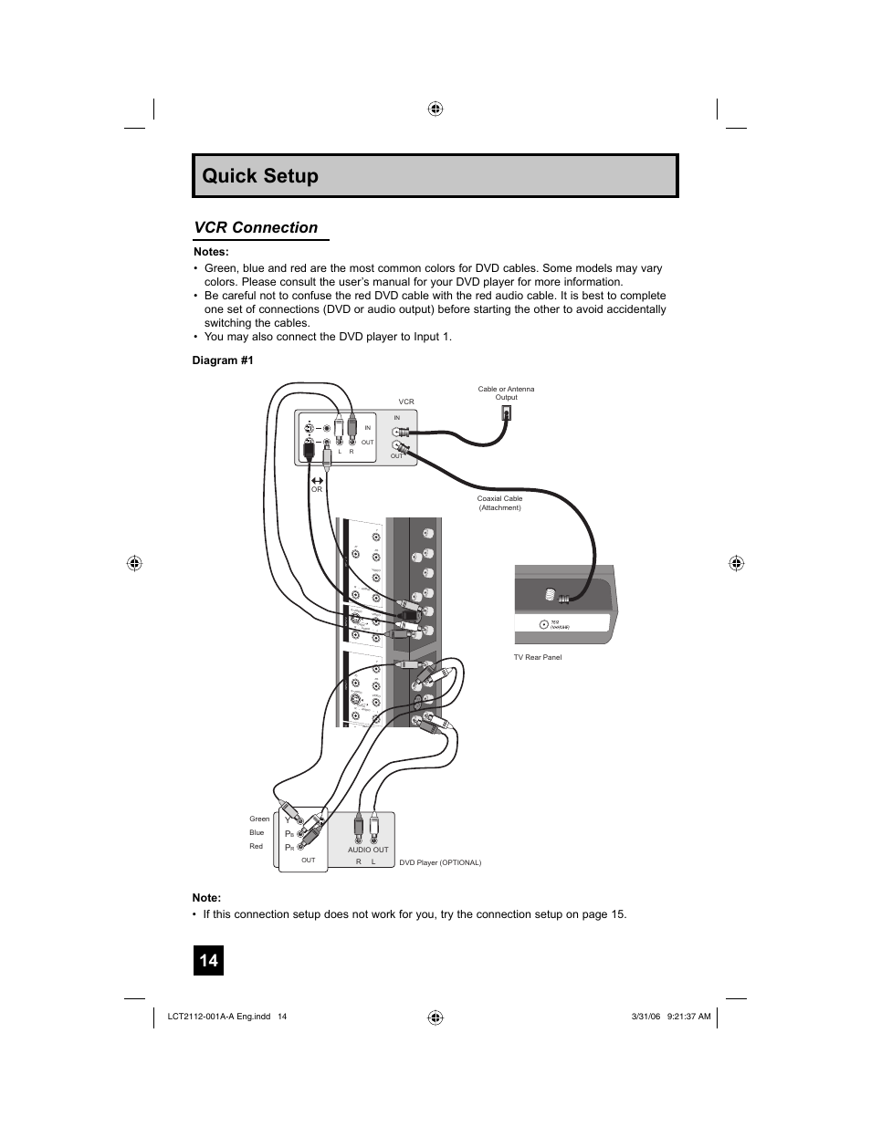 Quick setup, Vcr connection | JVC 0306TNH-II-IM User Manual | Page 14 / 80