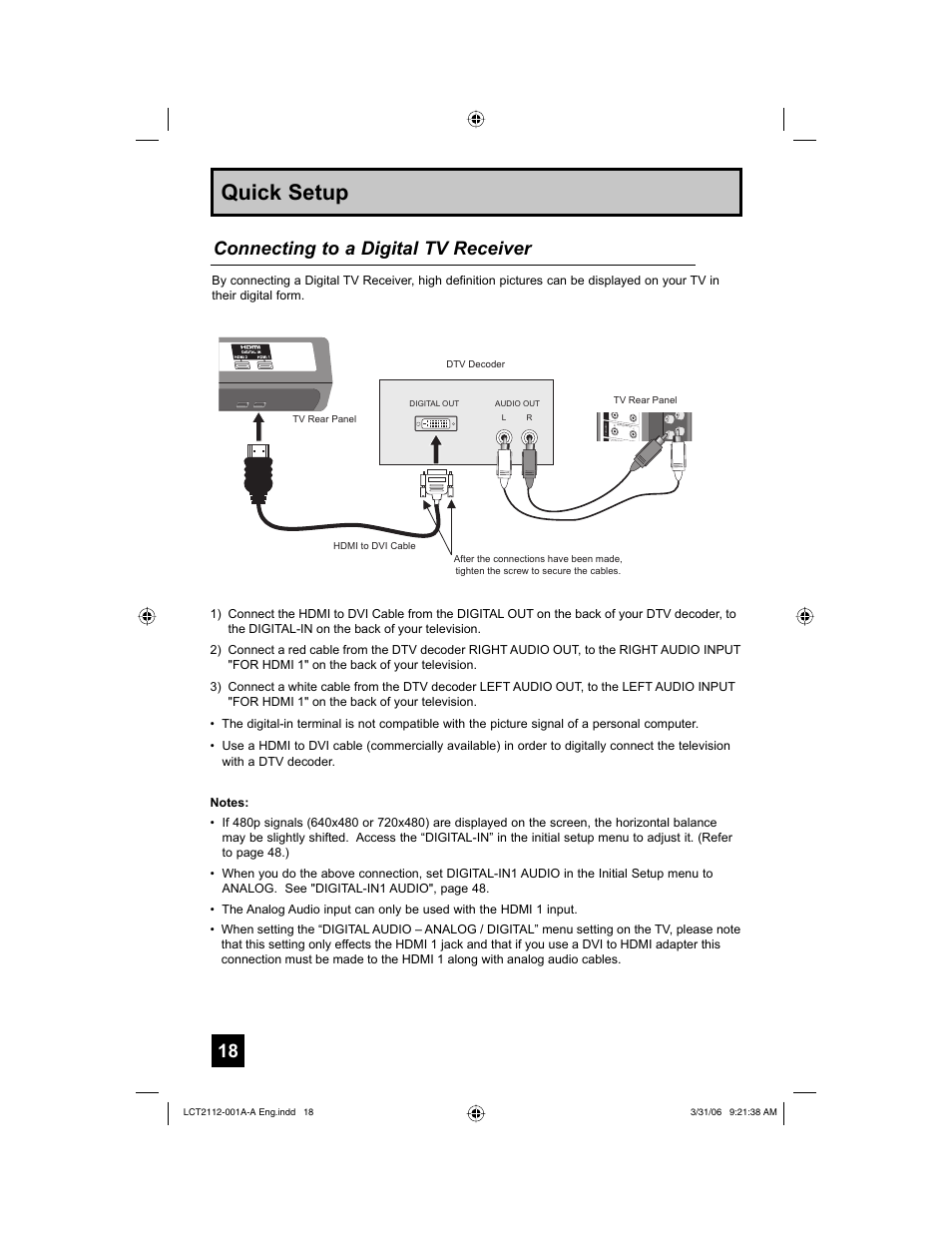 Quick setup, Connecting to a digital tv receiver | JVC 0306TNH-II-IM User Manual | Page 18 / 80