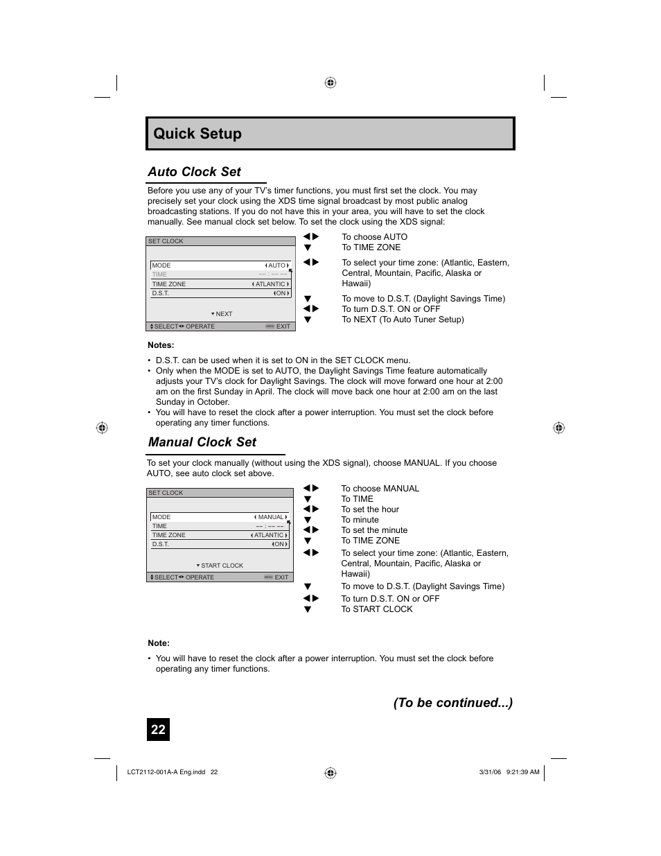 Quick setup, Manual clock set, Auto clock set (to be continued...) | JVC 0306TNH-II-IM User Manual | Page 22 / 80