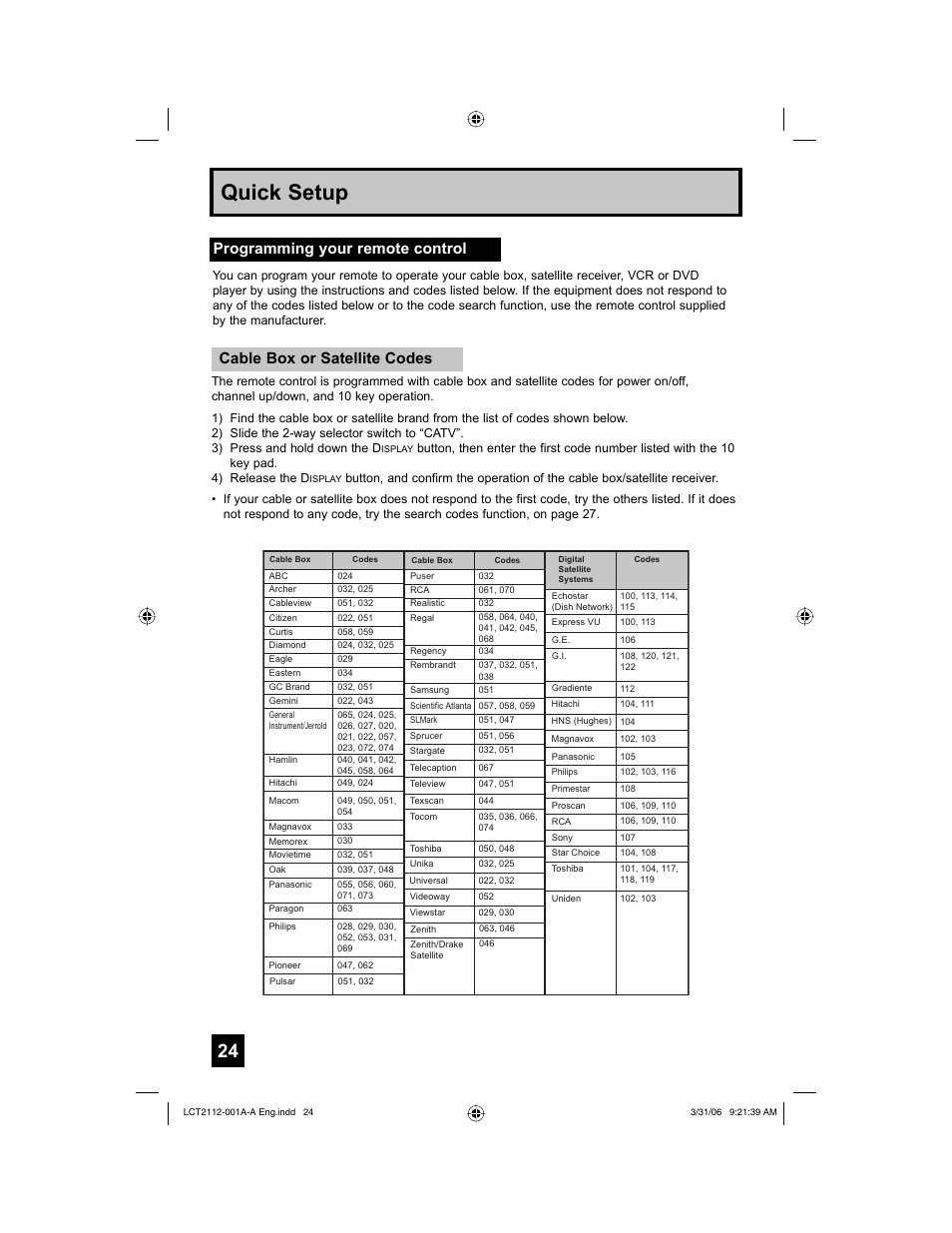 Programming your remote control, Quick setup, Cable box or satellite codes | JVC 0306TNH-II-IM User Manual | Page 24 / 80