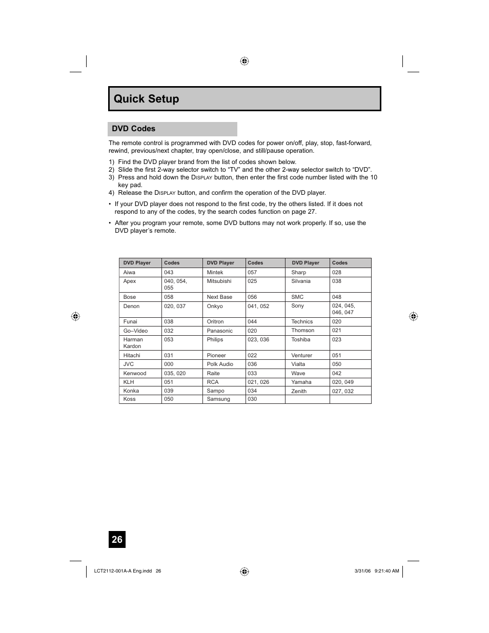 Quick setup, Dvd codes | JVC 0306TNH-II-IM User Manual | Page 26 / 80