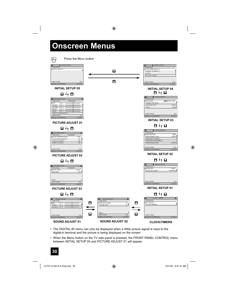 Onscreen menus, Picture adjust 01, Picture adjust 02 | Sound adjust 01 initial setup 05, Clock/timers, Initial setup 04 initial setup 03, Initial setup 02, Sound adjust 02, Picture adjust 03 press the m, Button | JVC 0306TNH-II-IM User Manual | Page 30 / 80