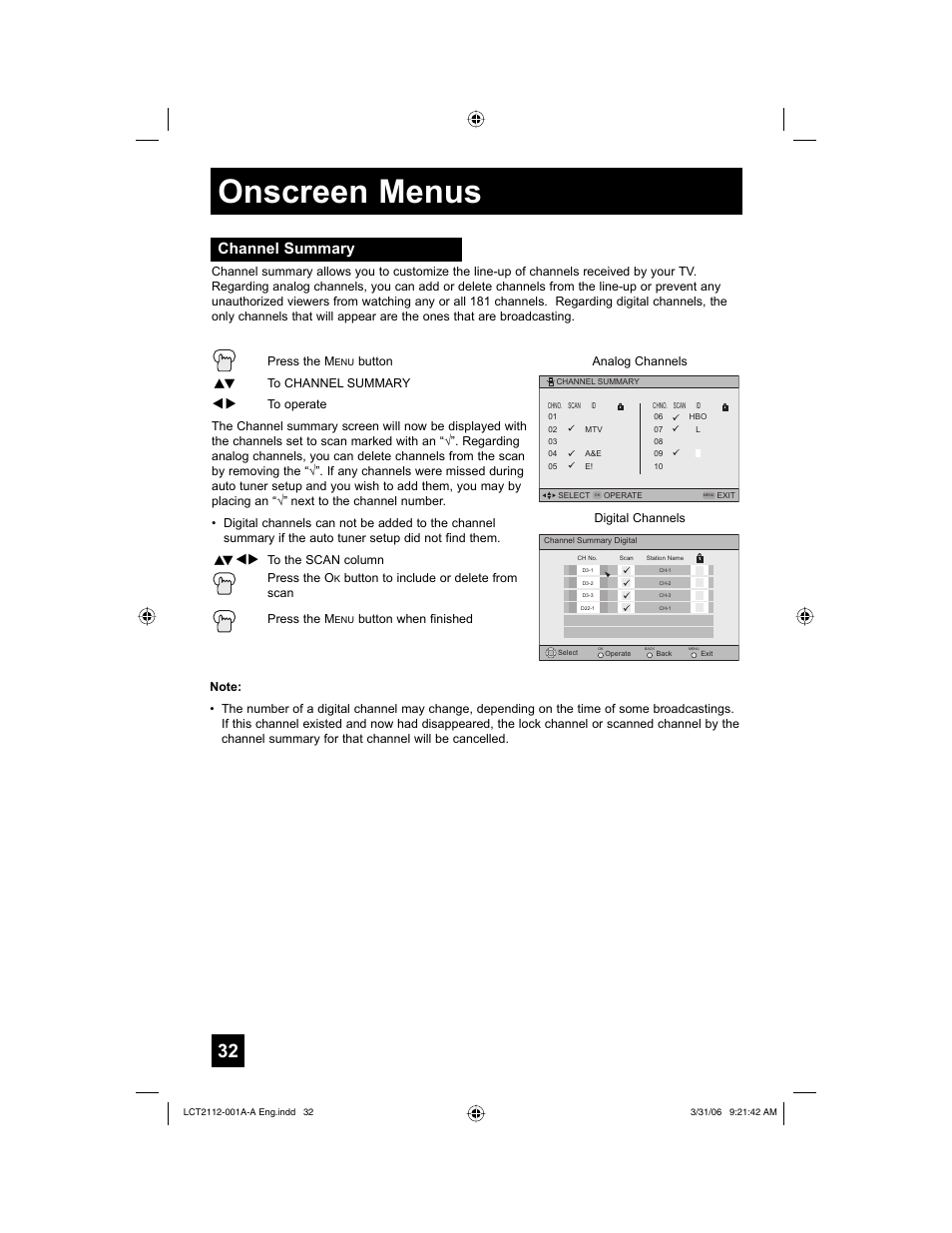 Channel summary, Onscreen menus | JVC 0306TNH-II-IM User Manual | Page 32 / 80