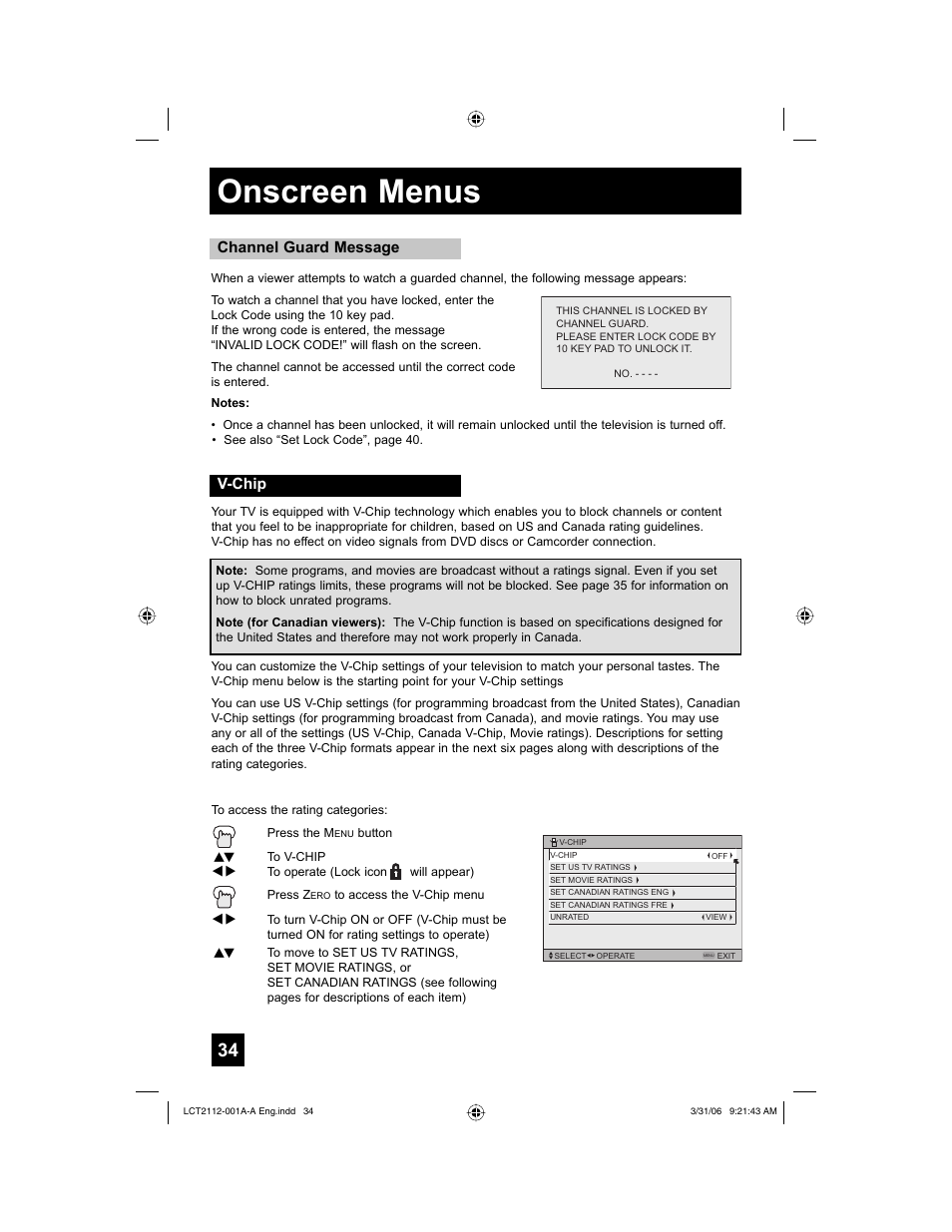 V-chip, Onscreen menus, Channel guard message v-chip | JVC 0306TNH-II-IM User Manual | Page 34 / 80