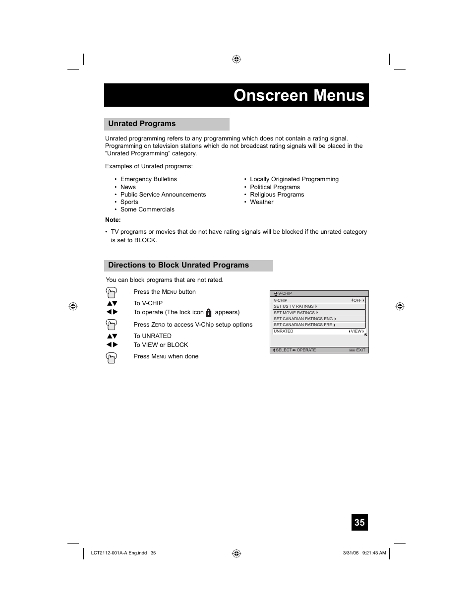 Onscreen menus, Directions to block unrated programs, Unrated programs | JVC 0306TNH-II-IM User Manual | Page 35 / 80