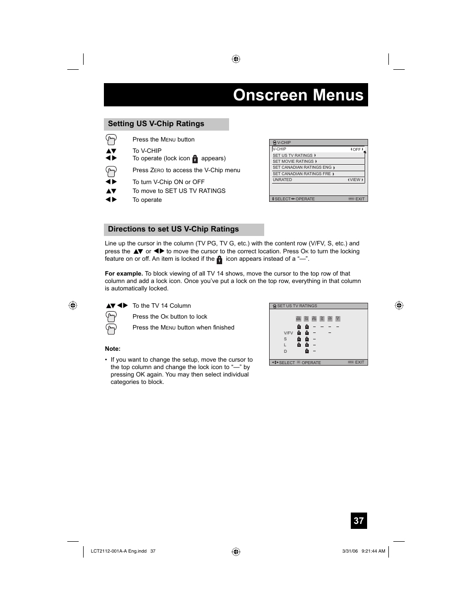 Onscreen menus, Directions to set us v-chip ratings, Setting us v-chip ratings | JVC 0306TNH-II-IM User Manual | Page 37 / 80