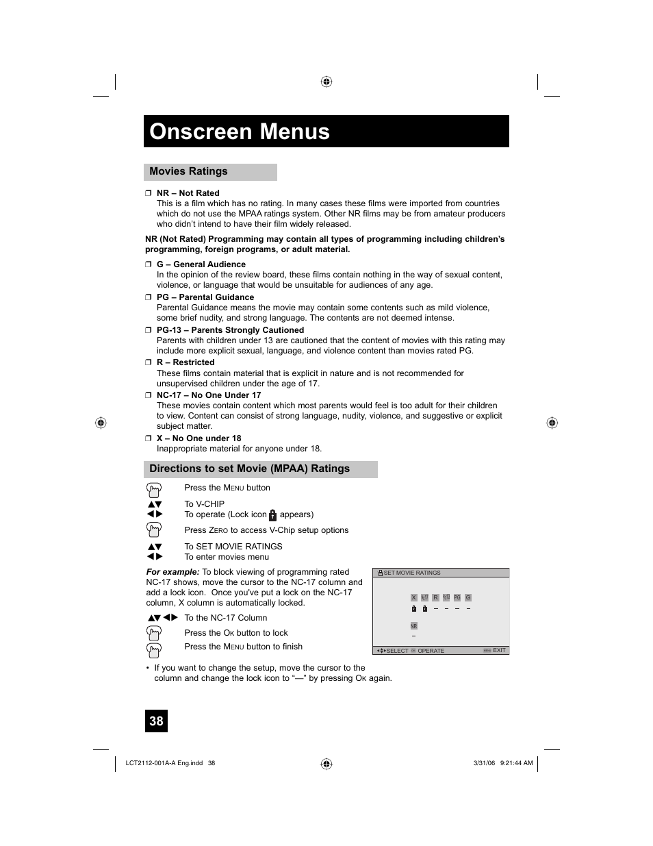 Onscreen menus, Movies ratings, Directions to set movie (mpaa) ratings | JVC 0306TNH-II-IM User Manual | Page 38 / 80