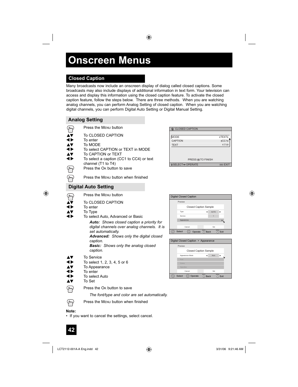 Closed caption, Onscreen menus, Closed caption analog setting digital auto setting | JVC 0306TNH-II-IM User Manual | Page 42 / 80