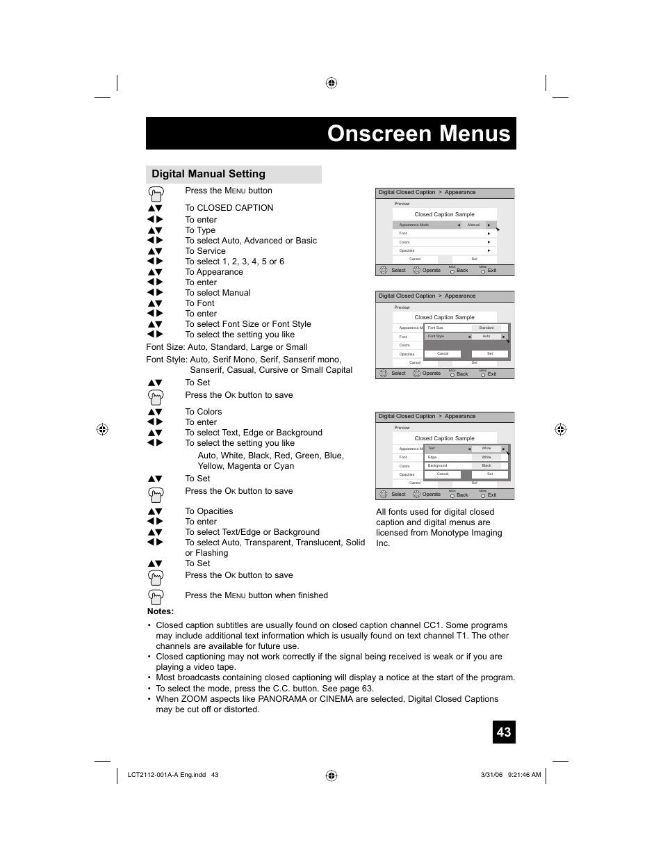 Onscreen menus, Digital manual setting | JVC 0306TNH-II-IM User Manual | Page 43 / 80