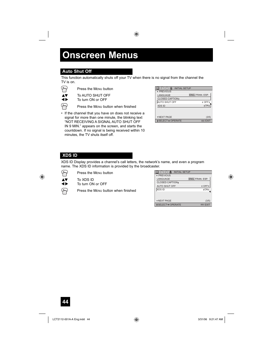 Auto shut off, Xds id, Onscreen menus | JVC 0306TNH-II-IM User Manual | Page 44 / 80