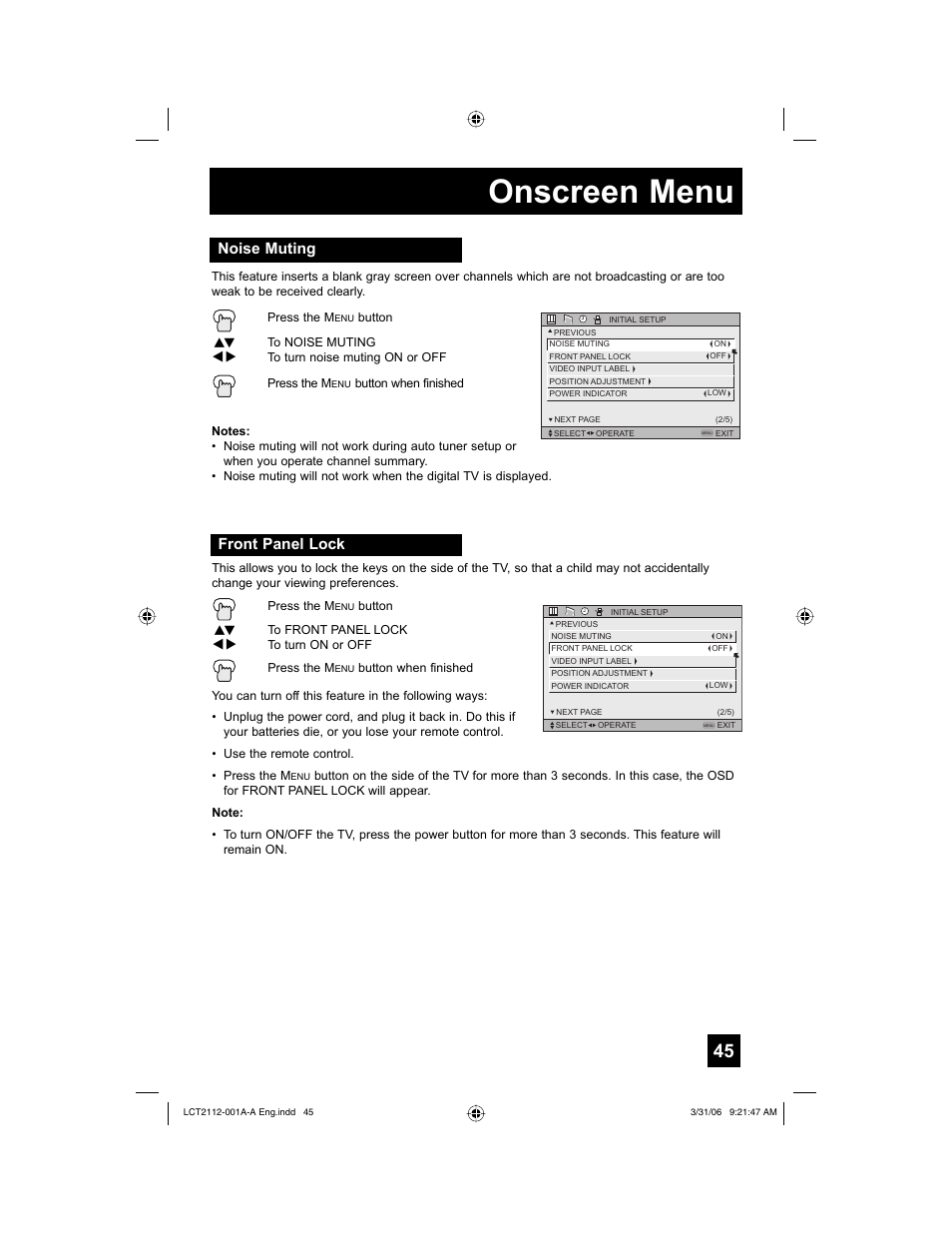 Noise muting, Front panel lock, Onscreen menu | JVC 0306TNH-II-IM User Manual | Page 45 / 80