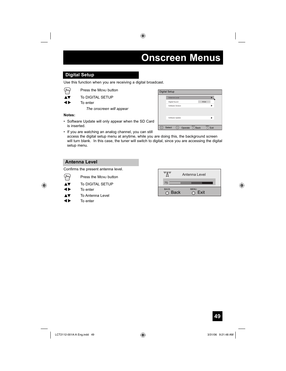 Digital setup, Antenna level, Onscreen menus | JVC 0306TNH-II-IM User Manual | Page 49 / 80