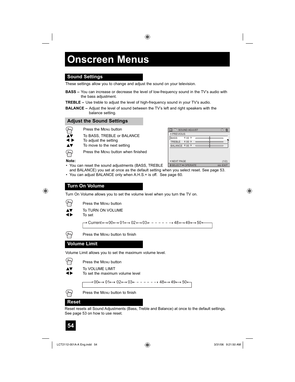 Sound settings, Turn on volume, Volume limit | Reset, Onscreen menus | JVC 0306TNH-II-IM User Manual | Page 54 / 80