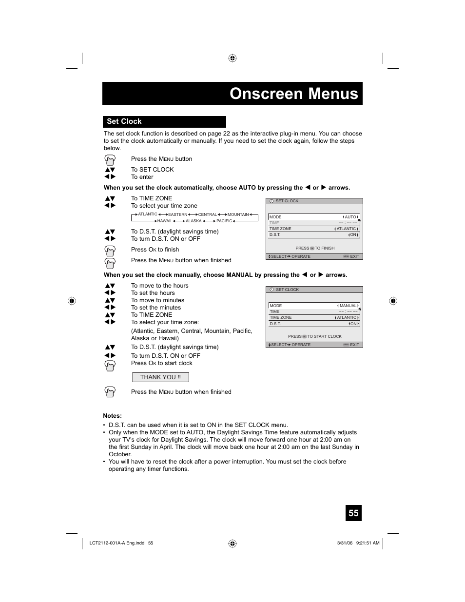 Set clock, Onscreen menus | JVC 0306TNH-II-IM User Manual | Page 55 / 80